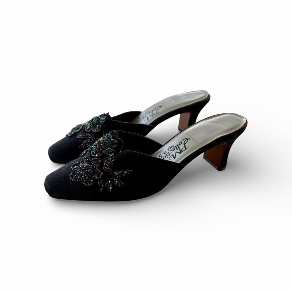 Vintage Black Evening Mule Slippers, Beaded Floral Design, Size 6.5